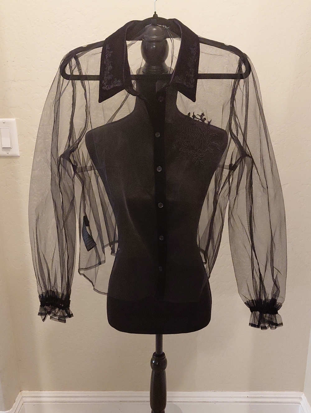 DISTURBIA 20 Sheer Black Button-Down Blouse with Embroidered Collar